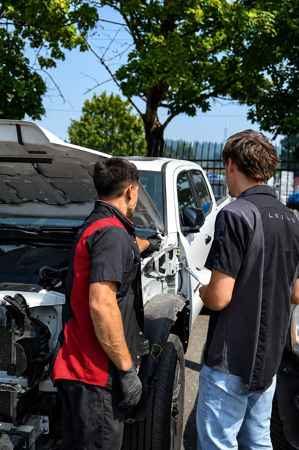 Kent Auto Body technicians assessing collision damage