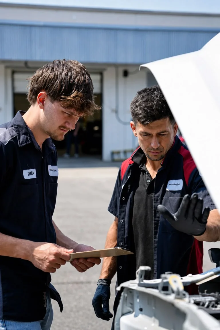 Kent Auto Body technicians inspecting vehicle frame damage