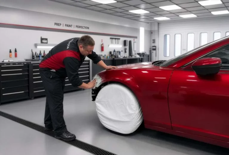 Technician finishing automotive paint work