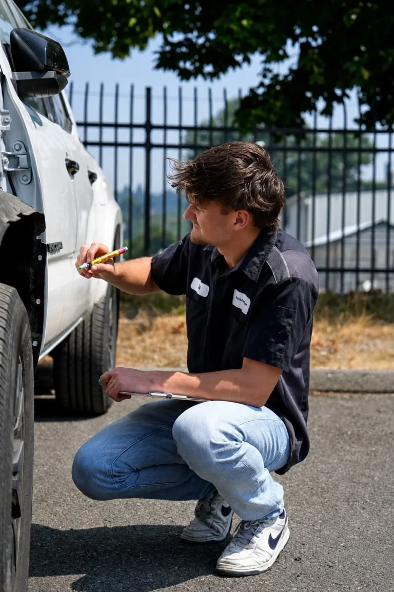 Technician inspecting vehicle body panel damage