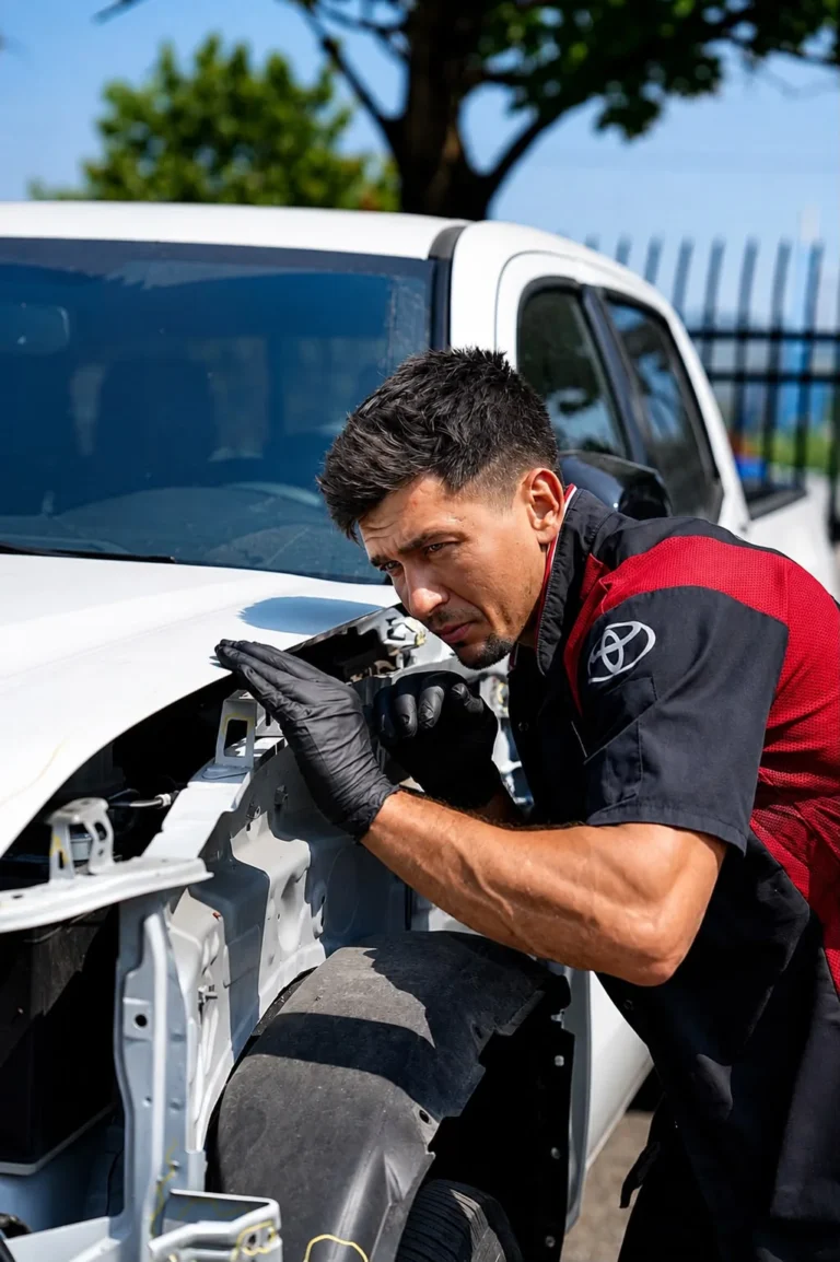 Kent Auto Body technician performing a body repair inspection